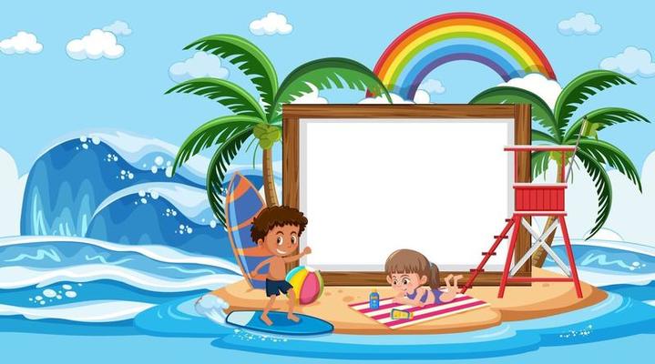 Empty banner template with kids on vacation at the beach daytime scene