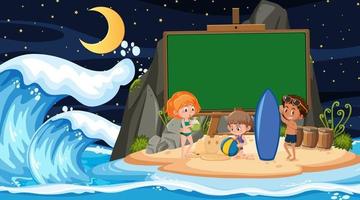 Niños de vacaciones en la escena nocturna de la playa con una plantilla de banner vacía vector