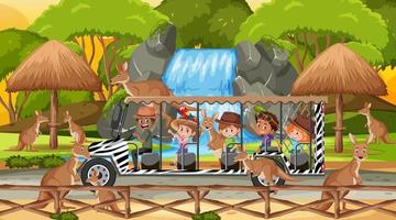 Safari at sunset scene with kids watching kangaroo group vector