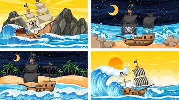 Set of Ocean with Pirate ship at different times scenes  in cartoon style vector