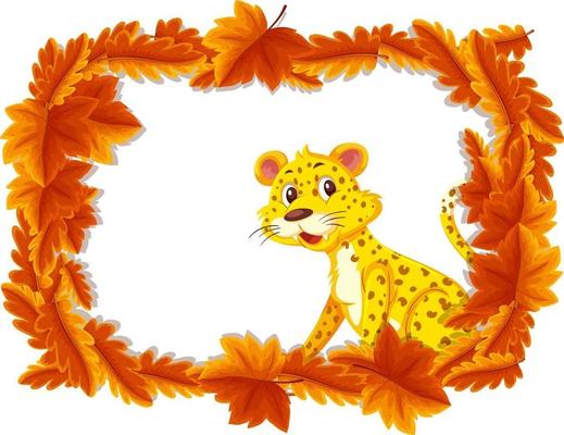 Red leaves banner template with leopard cartoon character