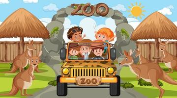 Zoo at day time scene with many kids watching kangaroo group vector