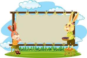 Blank banner in the garden with two rabbits isolated vector