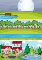 Set of different horizontal scenes background with doodle kids cartoon character vector