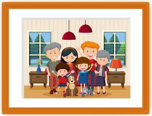 Happy family picture cartoon in a frame