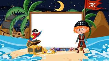 Pirate kids at the beach night scene with an empty banner template vector