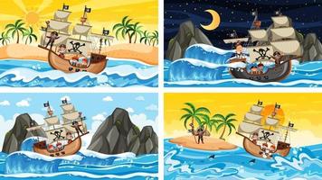 conjunto de diferentes escenas de playa con barco pirata y personaje de dibujos animados pirata vector