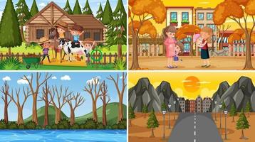 Set of different nature scenes background with many people vector