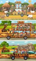 Set of different safari horizontal scenes with animals and kids cartoon character vector