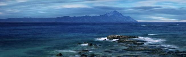 Moonlight over holy mountain Athos, Halkidiki, Greece photo