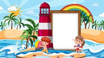 Niños de vacaciones en la escena diurna de la playa con una plantilla de banner vacía vector