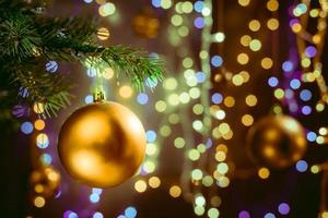 Christmas decorations on bokeh background with out of focus lights