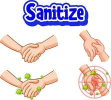 Sanitize font design with virus spreads from shaking hands on white background vector