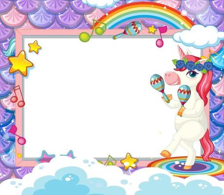 Blank banner with cute unicorn cartoon character