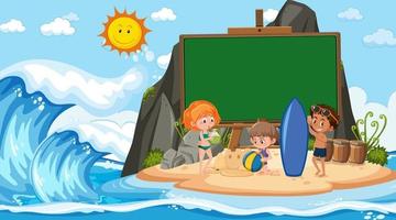 Plantilla de banner vacío con niños de vacaciones en la escena diurna de la playa vector