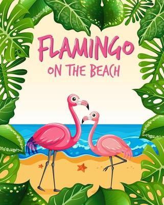 Flamingo on the beach banner with many tropical leaves