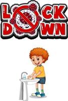 Lockdown font design with a boy washing his hands on white background vector