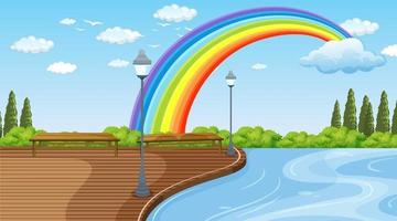 Escena del paisaje del parque con arco iris en el cielo vector