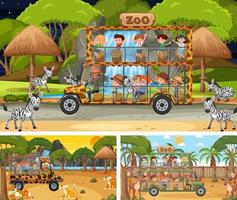 Different safari scenes with animals and kids cartoon character vector