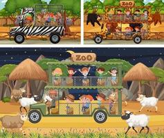 Diferentes escenas de safari con animales y personajes de dibujos animados para niños. vector