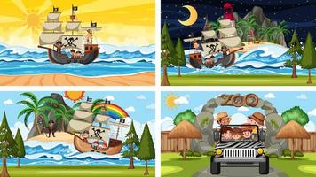 conjunto de diferentes escenas de playa con barco pirata y personaje de dibujos animados pirata vector