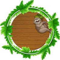 Round green leaves banner template with a sloth cartoon character vector