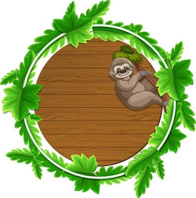 Round green leaves banner template with a sloth cartoon character