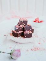 Homemade chocolate fudge with strawberries and pine nuts photo