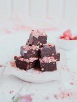 Homemade chocolate fudge with strawberries and pine nuts photo