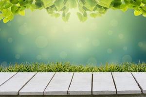 natural green background with selective focus. The green background has a bokeh leaf and grass on a white wooden floor. photo