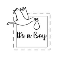 tarjeta de marco de baby shower con cigüeña pequeña y letras es un estilo de línea de niño vector