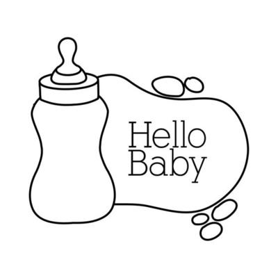 baby shower frame card with milk bottle and hello baby lettering line style