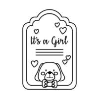 baby shower frame card with little dog and its a girl lettering line style vector