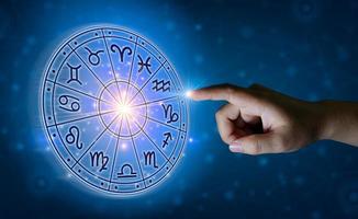 Zodiac signs inside of horoscope circle. Astrology in the sky with many stars and moons  astrology and horoscopes concept photo