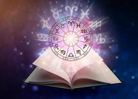 Zodiac signs inside of horoscope circle. Astrology in the sky with many stars and moons  astrology and horoscopes concept photo