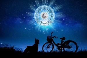 Zodiac signs inside of horoscope circle. Astrology in the sky with many stars and moons  astrology and horoscopes concept photo