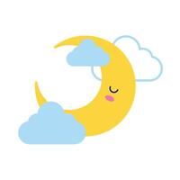 Feliz luna creciente con nubes estilo plano de carácter kawaii vector