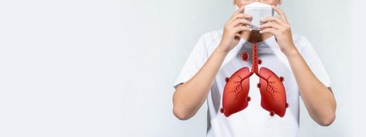 People wearing a mask with a lung attached to Corona virus are coughing on a white background photo