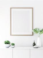 3d rendering of mock up Interior design for living room with picture frame on white wall photo