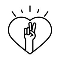 Gesto de paz con la mano levantada en el diseño de icono de línea del día de los derechos humanos del corazón vector