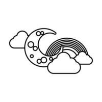 cute rainbow with clouds and crescent moon line style icon vector