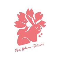 mid autumn festival card with rabbit and flower line style icon vector