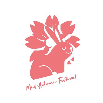 mid autumn festival card with rabbit and flower line style icon