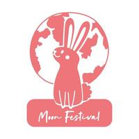 mid autumn festival card with rabbit and moon line style icon vector