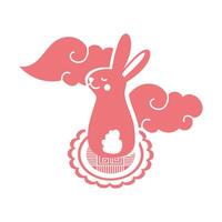 mid autumn festival card with rabbit in seal line style icon vector