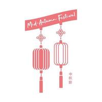 mid autumn festival card with decorations hanging line style icon vector