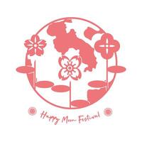 mid autumn festival card with moon and flowers line style icon vector