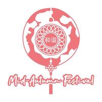 mid autumn festival card with decorations hanging and moon line style icon vector