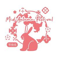 mid autumn festival card with rabbit and moon line style icon vector