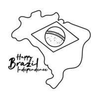 Tarjeta de feliz día de la independencia de Brasil con bandera en estilo de línea de mapa vector